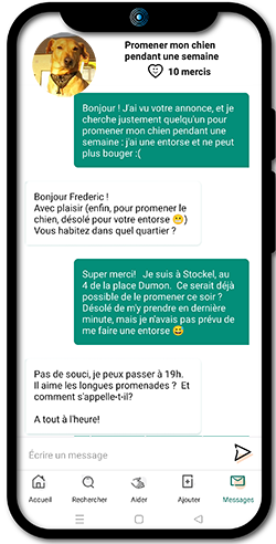 Discussion entre deux utilisateurs pour promener un chien